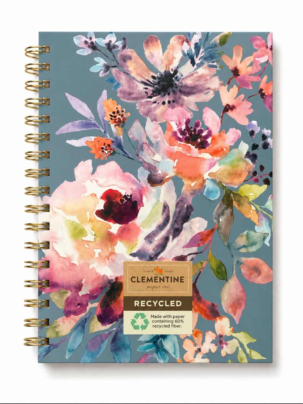 Clementine Floral Spiral Notebook in Teal with Watercolor Blooms